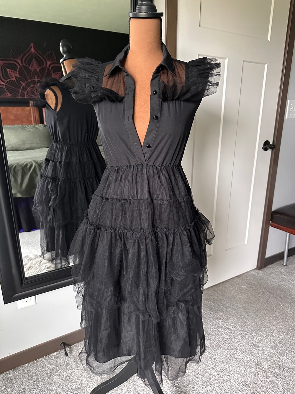 Black Tiered Tulle Midi Dress XS Sheer Ruffle Gothic Romantic Collared